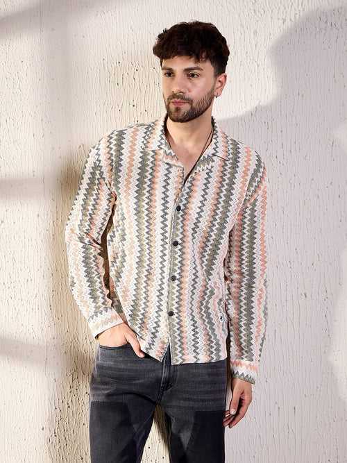 Coral Striped Lace Cuban Shirt