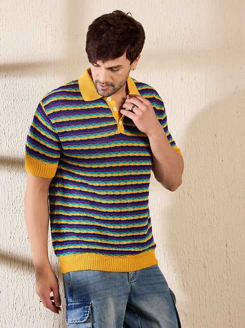 Yellow Multi Coloured Striped Crotchet Knitted Polo Tshirt