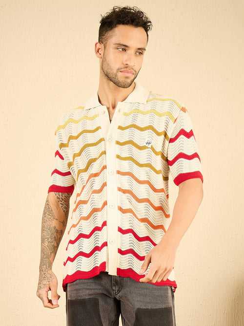 Ecru Wavy Stripes Crochet Shirt