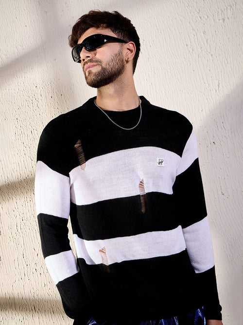 Black And White Damaged Striped Knitted Tshirt