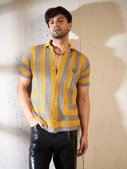 Yellow & Grey Striped Crochet Shirt