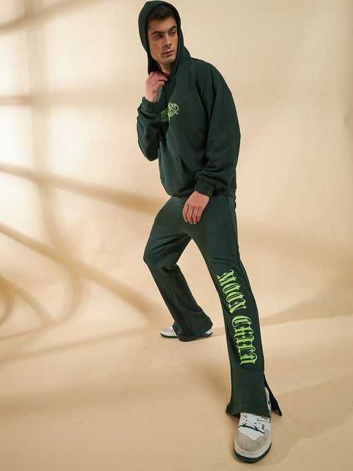 Moss Green Embroidery Panel Oversized Hoodie & Boot Cut Tracksuit
