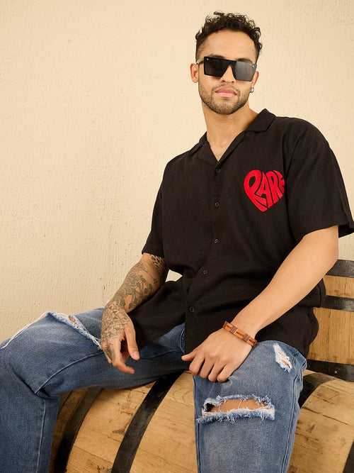 Black Heart Embroidered Cuban Linen Shirt