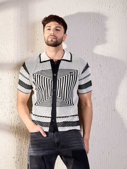 White And Black Geometric Crochet Shirt