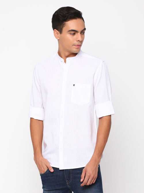 Slim Fit Cotton Linen Plain White Mandarin Collar Shirt