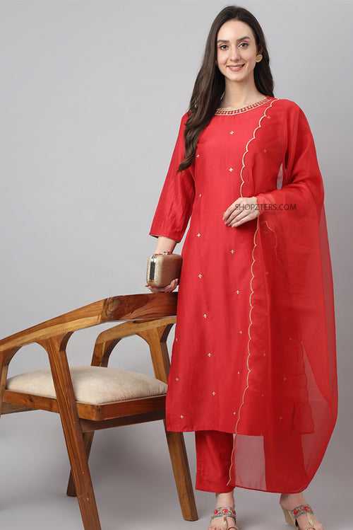 Red Chinon Embroidered Kurta Set