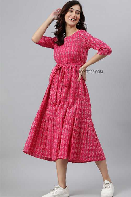 Pink Cotton Woven Design Midi Dress