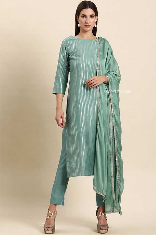 Green Poly Silk Striped Kurta Set