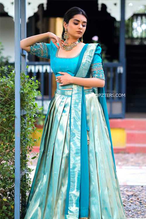 Peacock Blue Banarasi Silk Half Saree