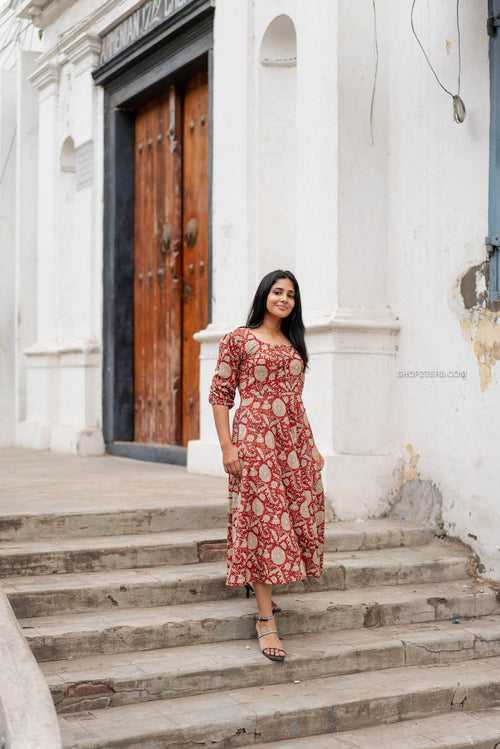 Rust Red Floral Hand Block Printed Midi Dress