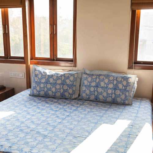 Blue Traditional Floral Jaal Hand Blockprinted Bedsheet