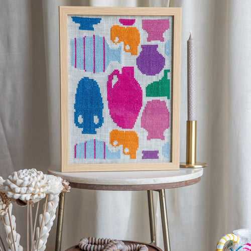 Colorful Melange of Pots Cross Stitch Wall Art