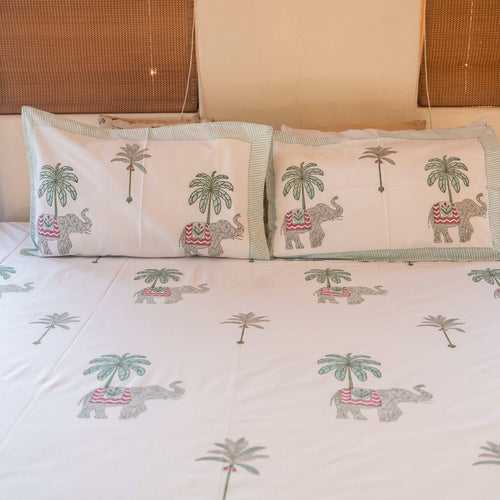 Elephant & Plam Tree High Quality 300TC Cotton Blockprinted Bedsheet