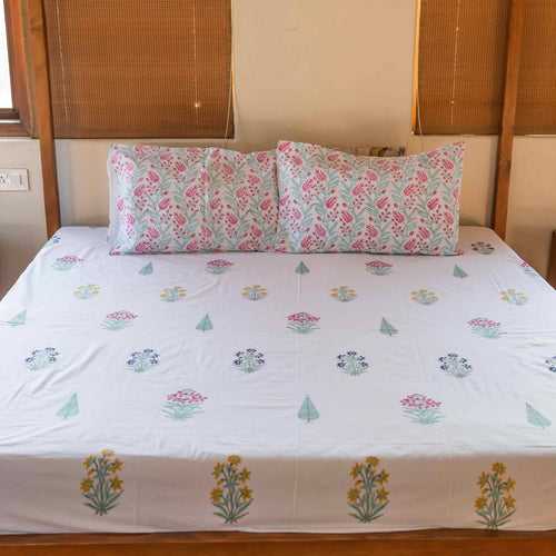 Floral Buti and Cypress Cotton Blockprinted Bedsheet