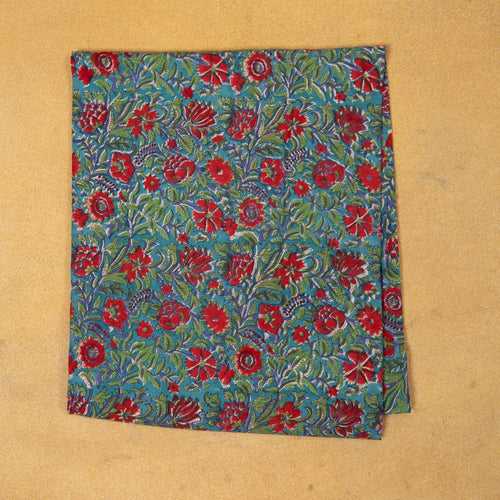 Green and Red Floral Jaal Hand Blockprinted Cotton Fabric