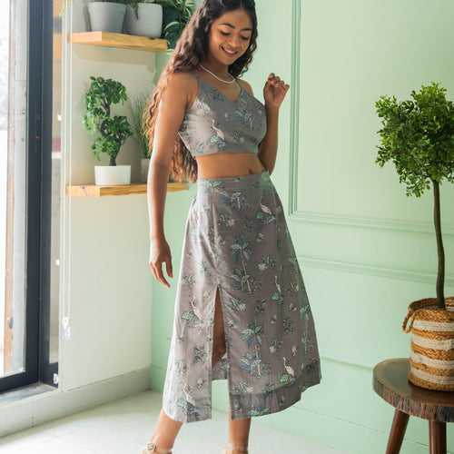 Grey Tropical Tango Skirt Co-ord Set with Crop Top