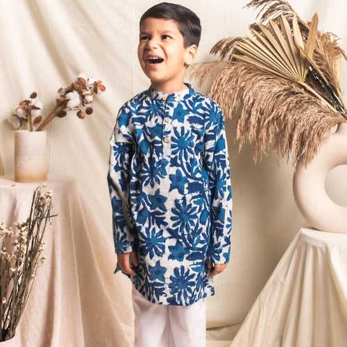 Indigo Floral Blockprint Boys Kurta with Pyjama Set
