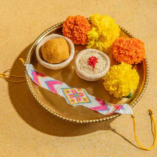 Pink and Yellow Beadwork Rakhi