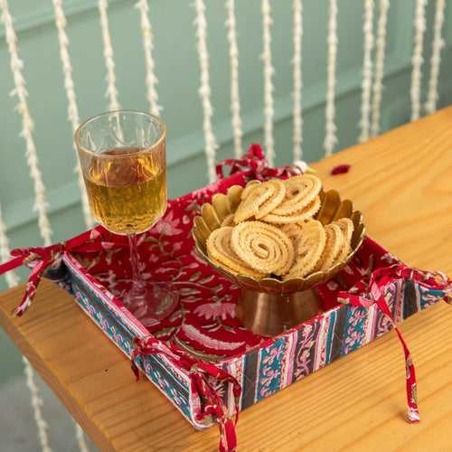 Red Floral Blockprinted Foldable Reversible Tray