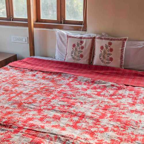 Red Frond Cotton Kantha Bedcover