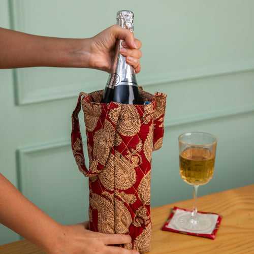 Red Paisley Blockprinted Wine Bottle Bag