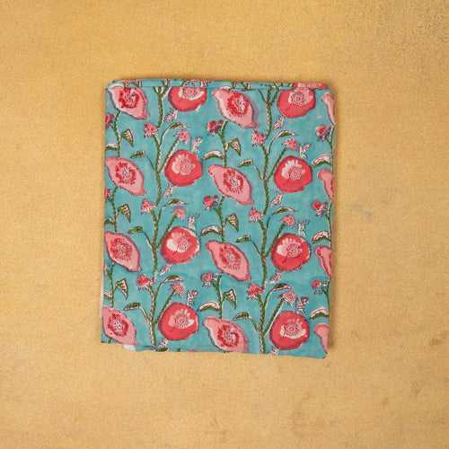 Turquoise and Pink Flower Entwine Hand Blockprinted Cotton Fabric