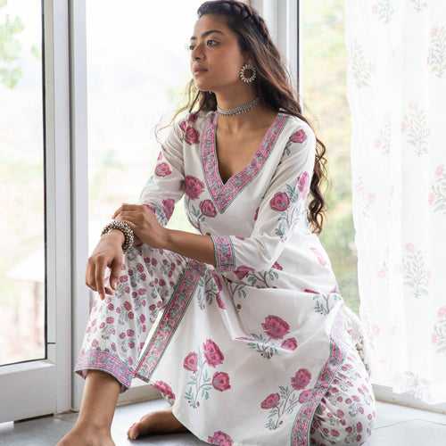 White and Pink Amaryllis Blockprinted Suit Set