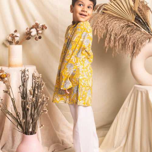 Yellow Floral Blockprint Boys Kurta with Pyjama Set