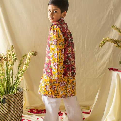 Yellow & Pink Floral Jaal Printed Boys Kurta with Waist Coat and Pyjama