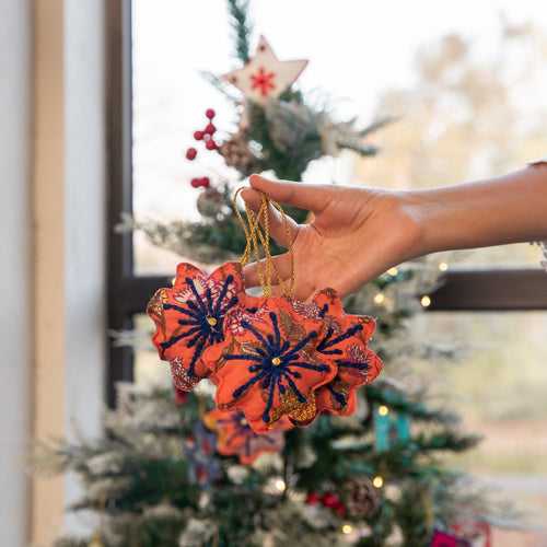 Zero Waste Orange Snowflake Embroidered Christmas Ornament Set Of 2