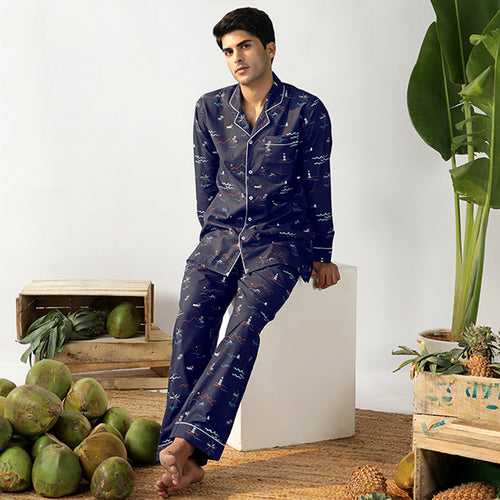 Navy Tropica Cotton Notched Pyjama Set