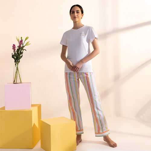 Rainbow Rope Embroidered T-shirt & Cotton Pyjama for Women's