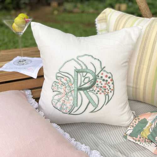 Monstera Monogrammed Embroidered Cushion