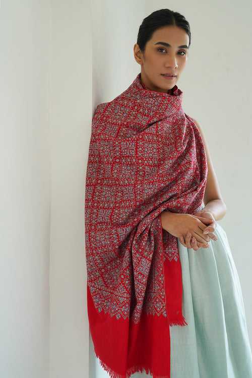 Sozni Neem Jamawar Hand Embroidered Pashmina Shawl Red