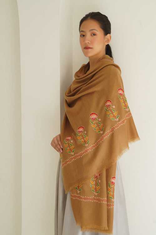 Heera Palledar Hand Embroidered Pashmina Stole Tobacco