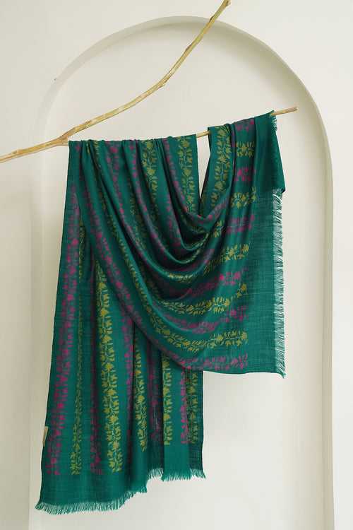 Kani Ashjar Khatrast Hand Woven Pashmina Shawl Teal Green