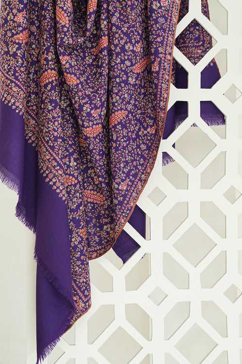 Sozni Neem Jamawar Hand Embroidered Pashmina Shawl Purple