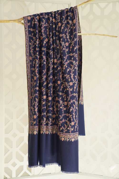 Sozni Jaaldar Hand Embroidered Pashmina Shawl Ivory Midnight