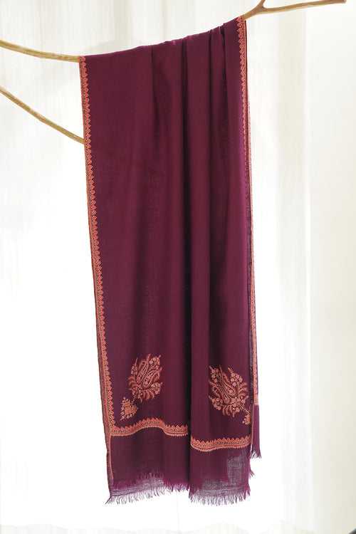 Sozni Bail Corner Buta Hand Embroidered Pashmina Stole Plum