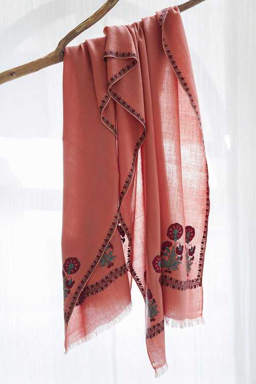 Gul Kasdi Palledar Hand Embroidered Pashmina Stole Coral Peach