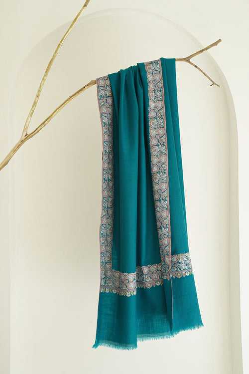 Sozni Dordar Hand Embroidered Pashmina Shawl Blue Coral