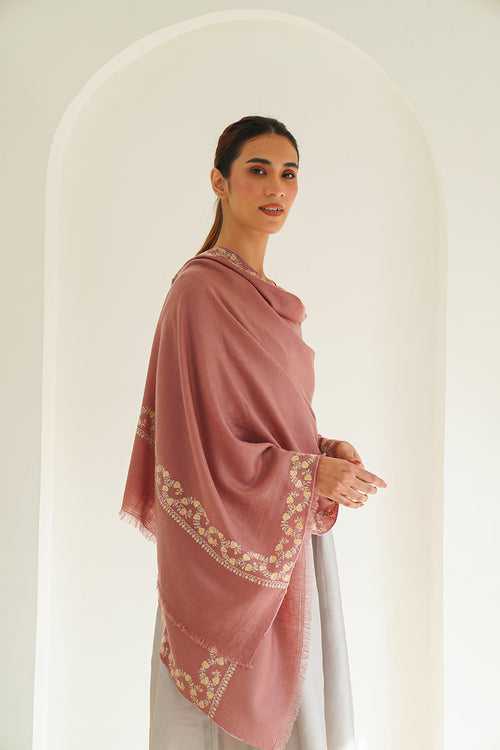 Inaya Borderdar Hand Embroidered Pashmina Stole French Rose