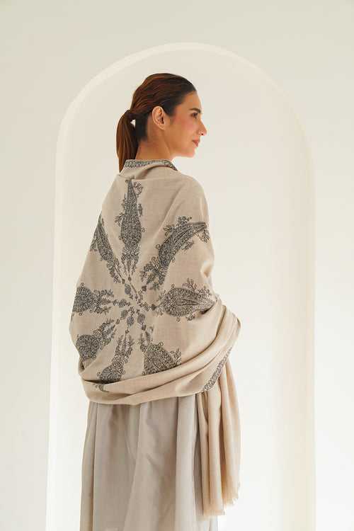 Shakufa Hand Embroidered Pashmina Shawl Natural Ivory