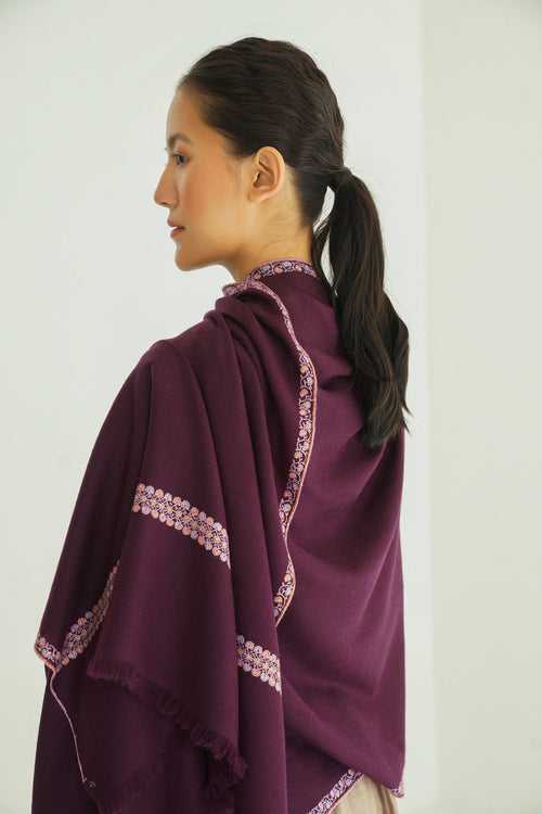 Flower Double Bail Hand Embroidered Pashmina Stole Plum