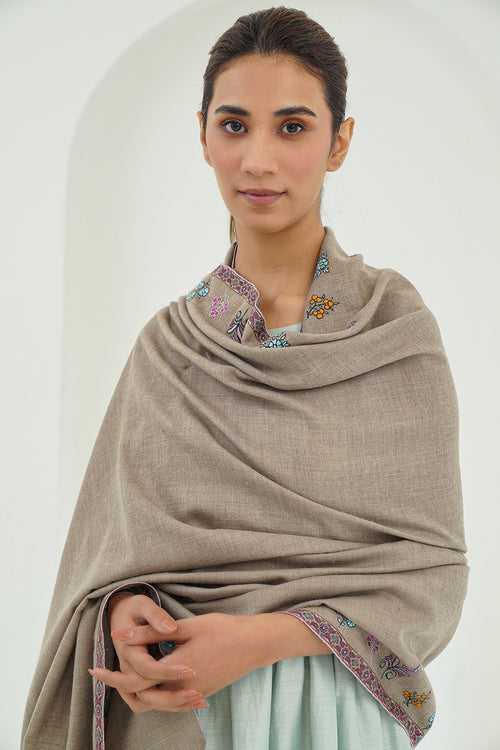 Sozni Hashiya Mix Buti Hand Embroidered Pashmina Shawl Natural