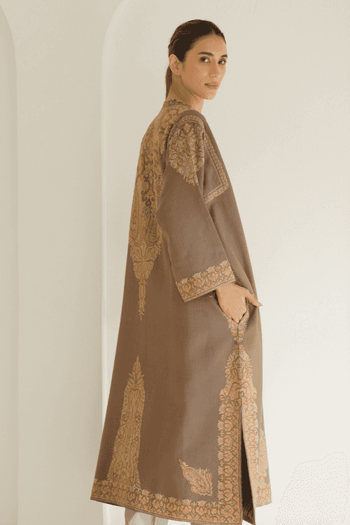 Corner Buta Hand Embroidered Wool Choga Mink