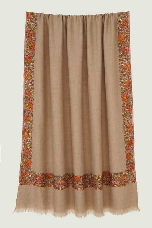 Flora Borderdar Hand Embroidered Pashmina Shawl Natural