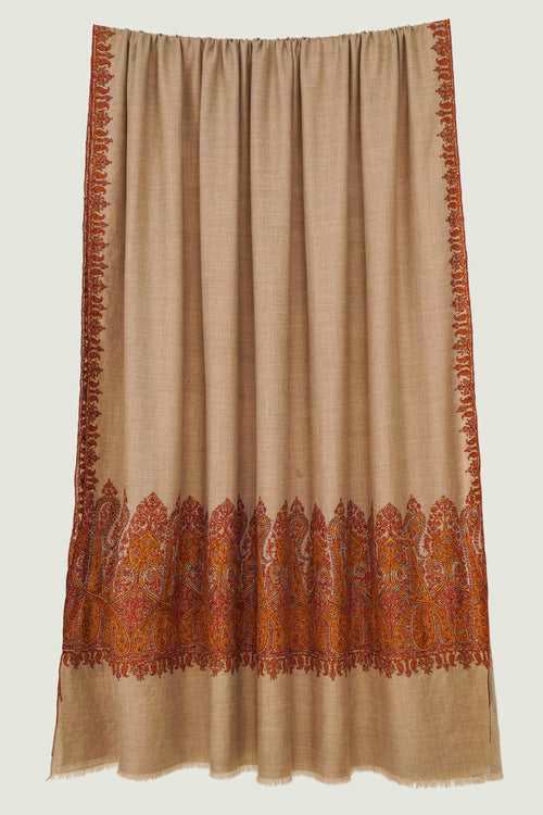 Sozni Palledar Hand Embroidered Oversize Pashmina Shawl Natural Orange