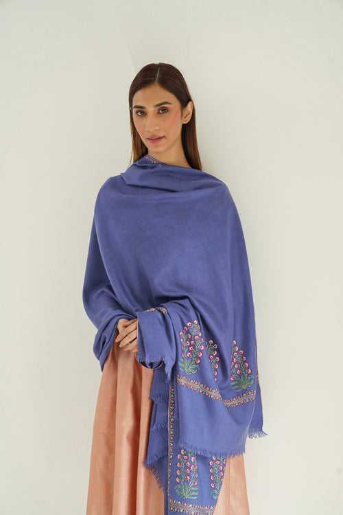 Meher Palledar Hand Embroidered Large Pashmina Shawl Indigo