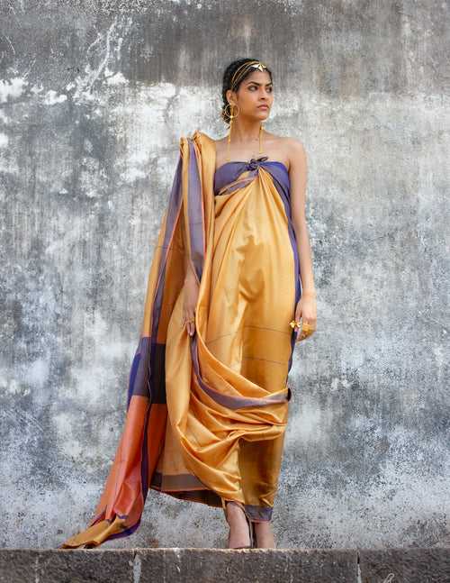 Ochre Pure Silk sari with Colour Blocking in Palla